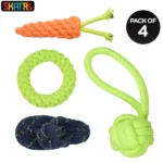 For dogs and cats Skatrs offers a combination of a knotted ball ring sandal and carrot-shaped rope chew toy