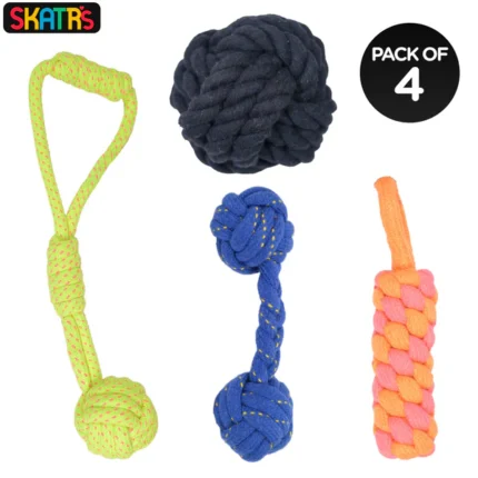For dogs and cats, Skatrs offers a combination of a knotted dummy, knotted ball, dumbbell, and ball-shaped rope chew toy