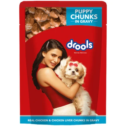 Wet food for puppies that drools over real chicken and chunks of chicken liver in gravy